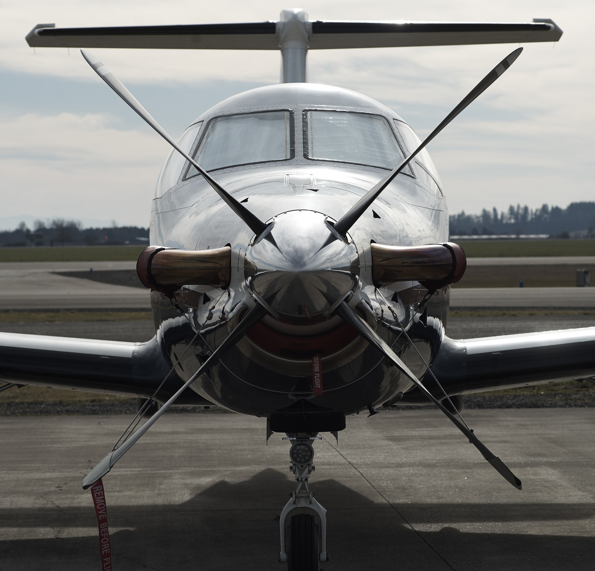 Pilatus turboprop airplane on the ground with the propeller feathered