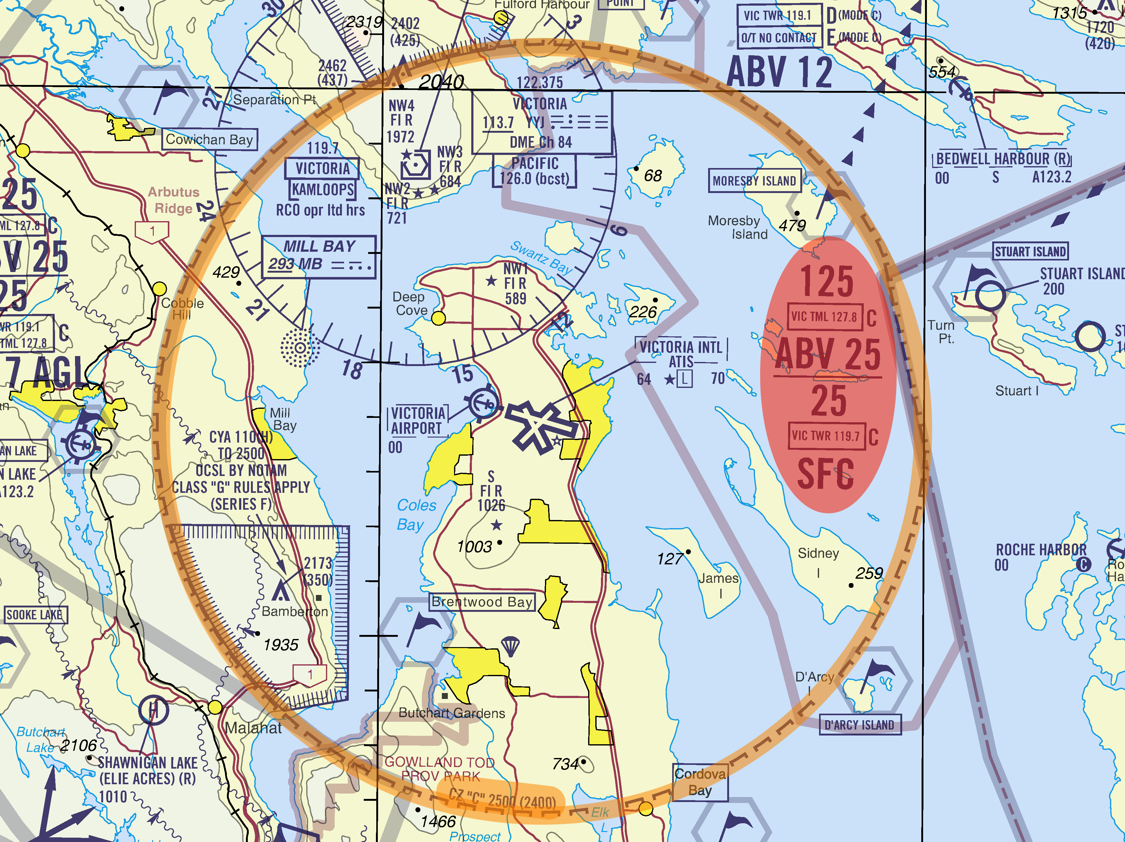 extrait de VNC de Nav Canada montrant un espace aérien de classe C