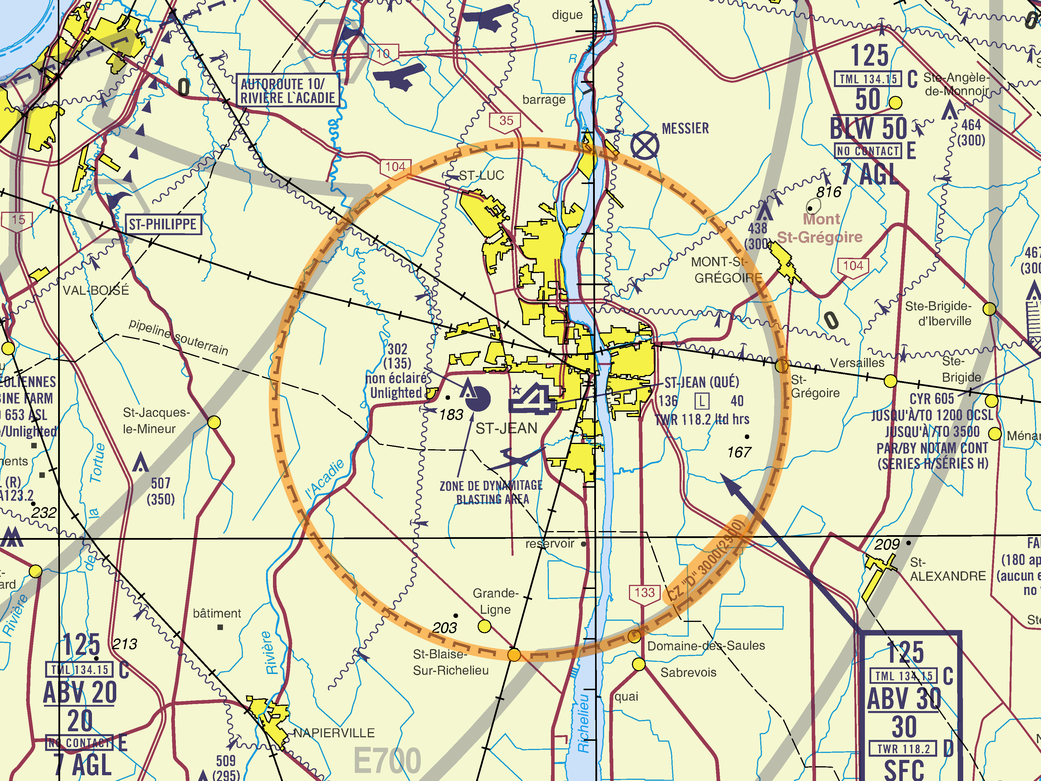 extrait de VNC de Nav Canada montrant un espace aérien de classe D