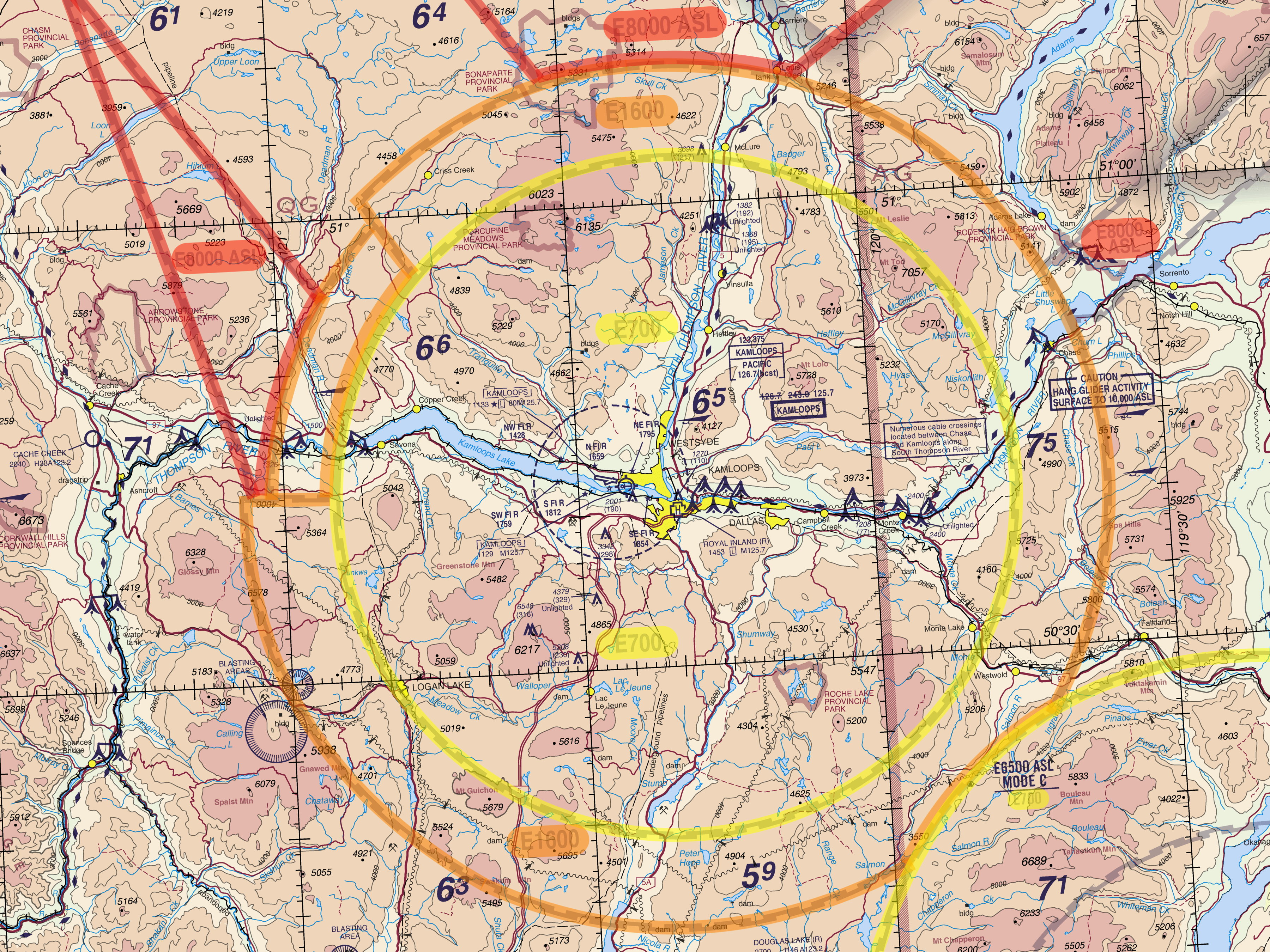 extrait de VNC de Nav Canada montrant un espace aérien de classe E